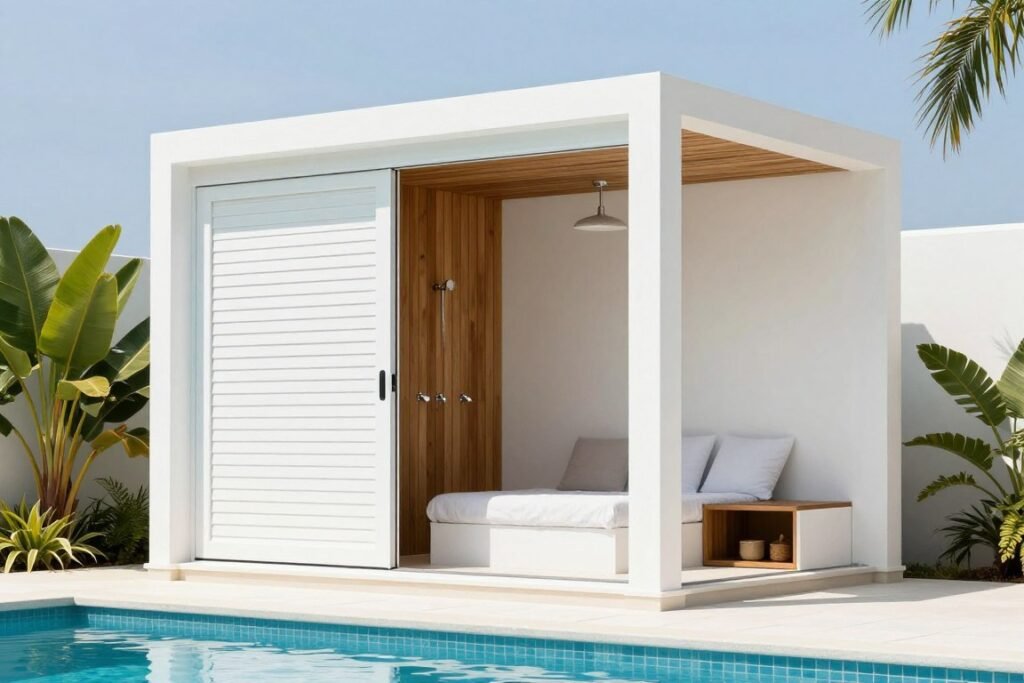 Modern pool cabana with outdoor shower