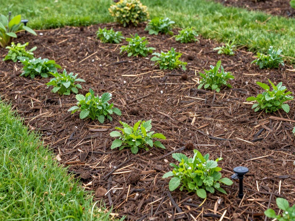 Mulched garden beds with automatic irrigation system