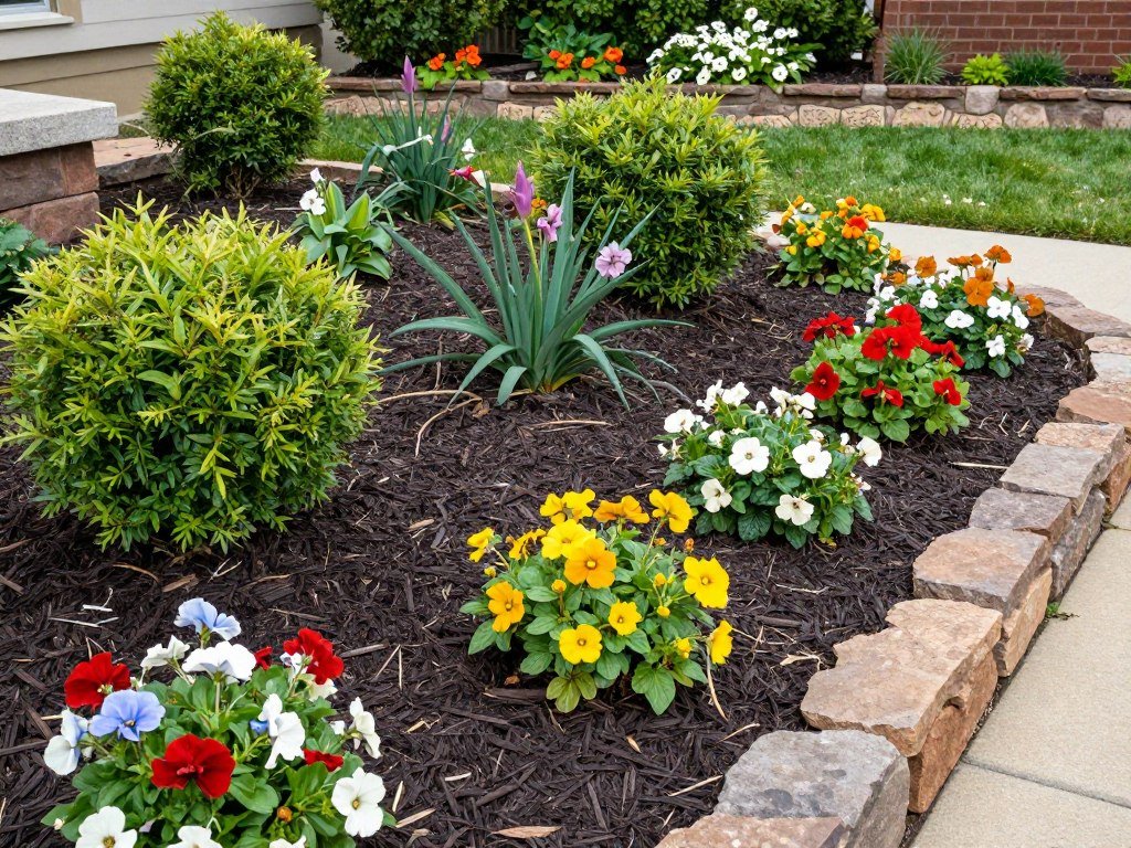 Mulched garden beds with flowering perennials and decorative edging