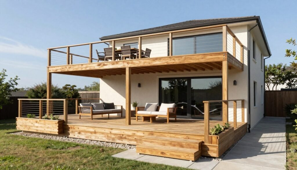 Multi-level wooden deck with furniture zones