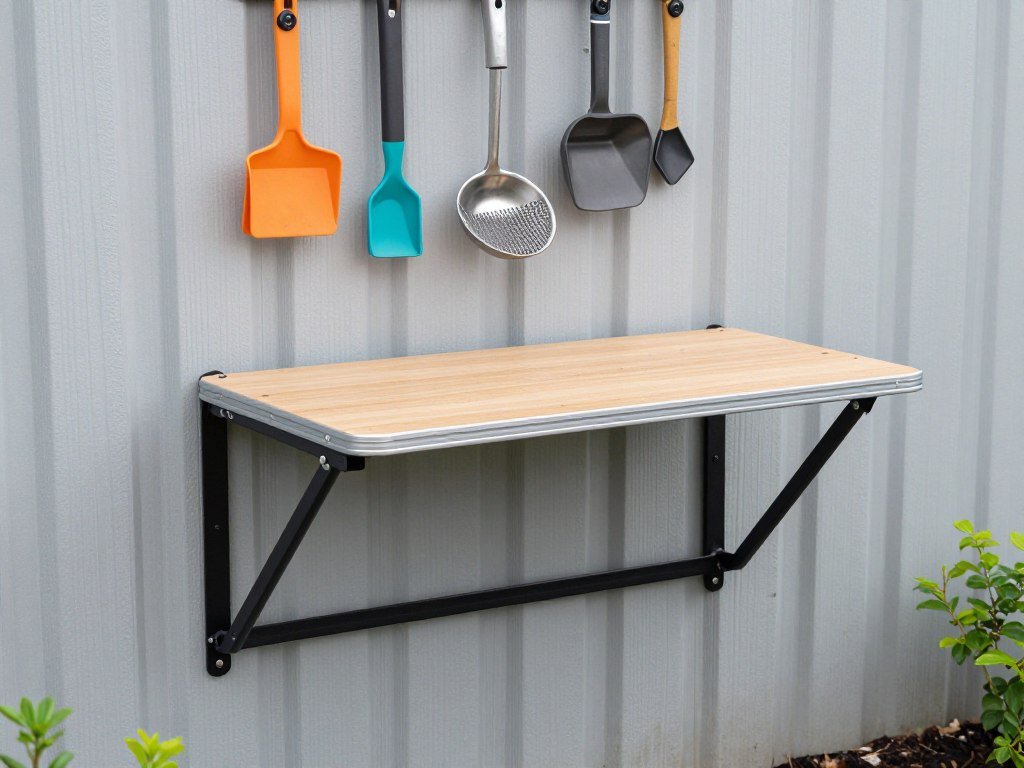 Murphy-style fold-down work table attached to fence in small garden