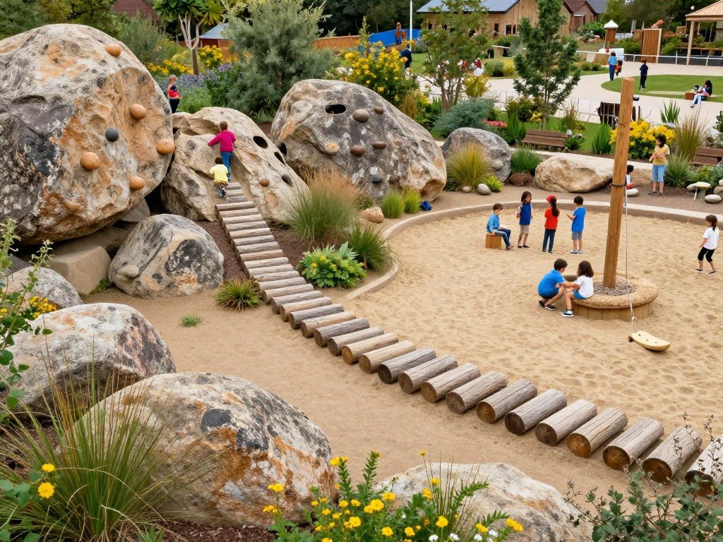 Natural play area with logs and boulders