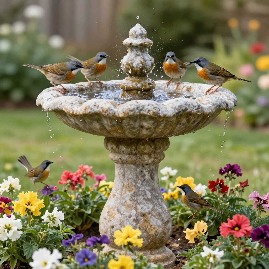 Natural stone bird bath surrounded by flowers