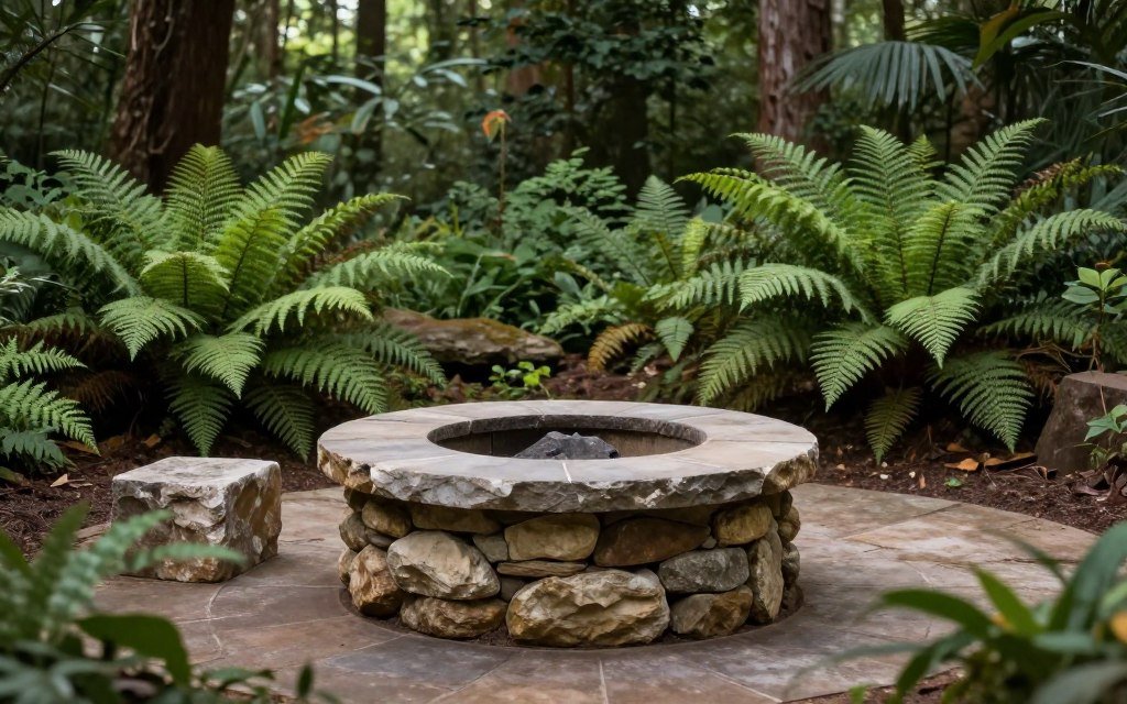 Natural stone fire pit in woodland garden setting