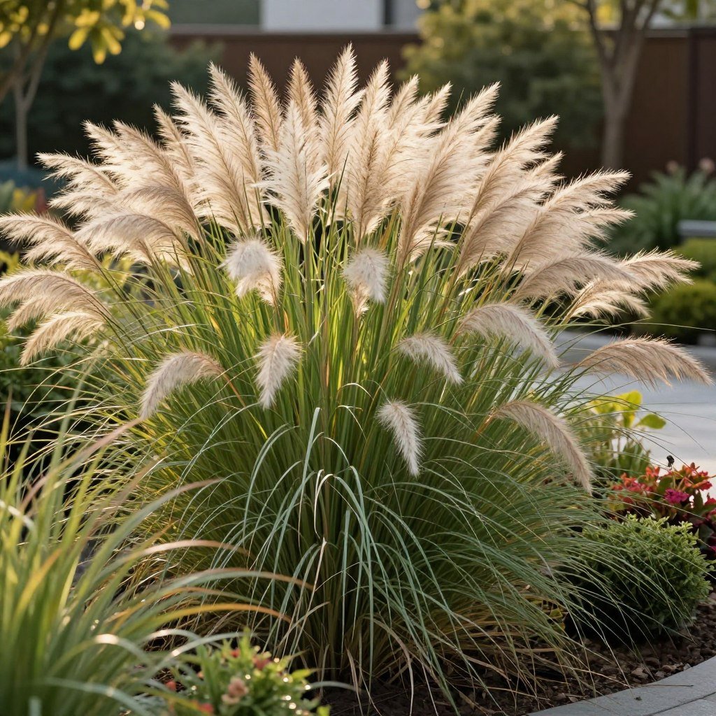 Ornamental grasses swaying in backyard landscape