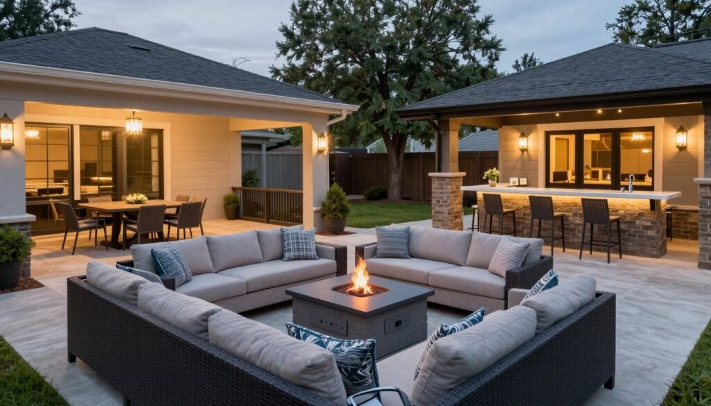 Outdoor entertaining area with multiple seating zones