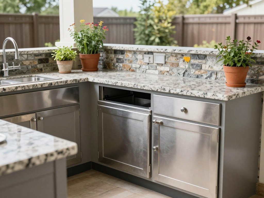 Outdoor kitchen counter with prep area and storage