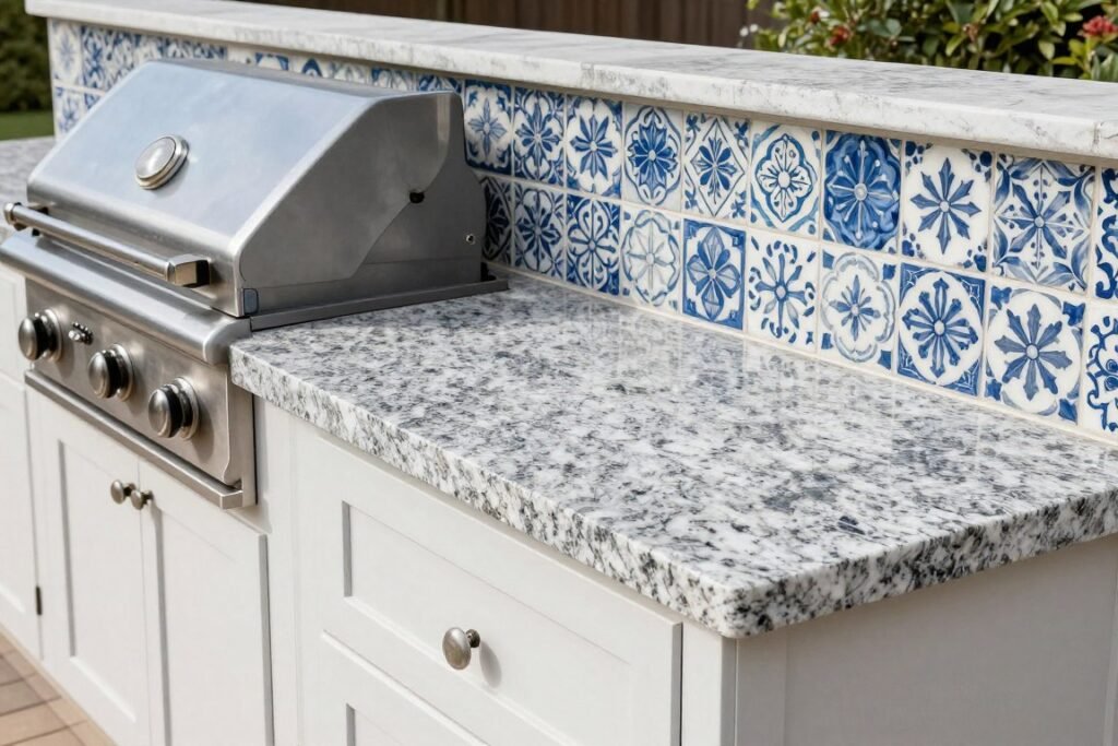 Outdoor kitchen with granite countertops and tile backsplash