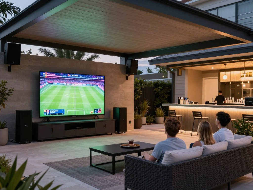 Outdoor living room with mounted TV and speakers