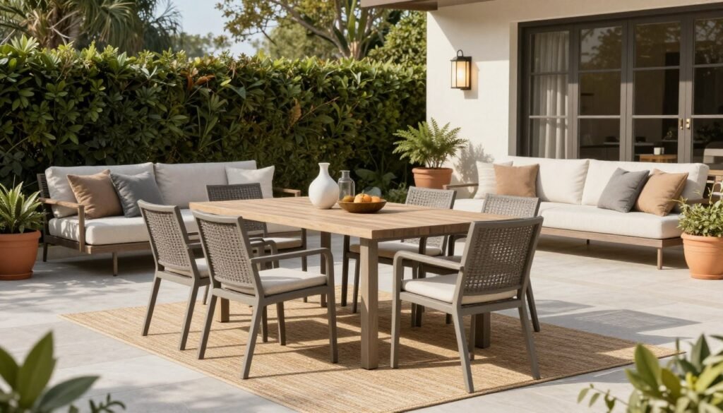 Outdoor patio with dining area and comfortable lounge seating