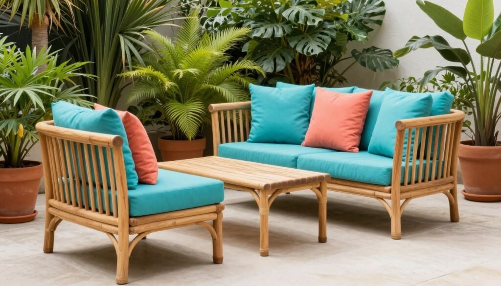 Outdoor seating area with vibrant colored cushions and natural wood furniture