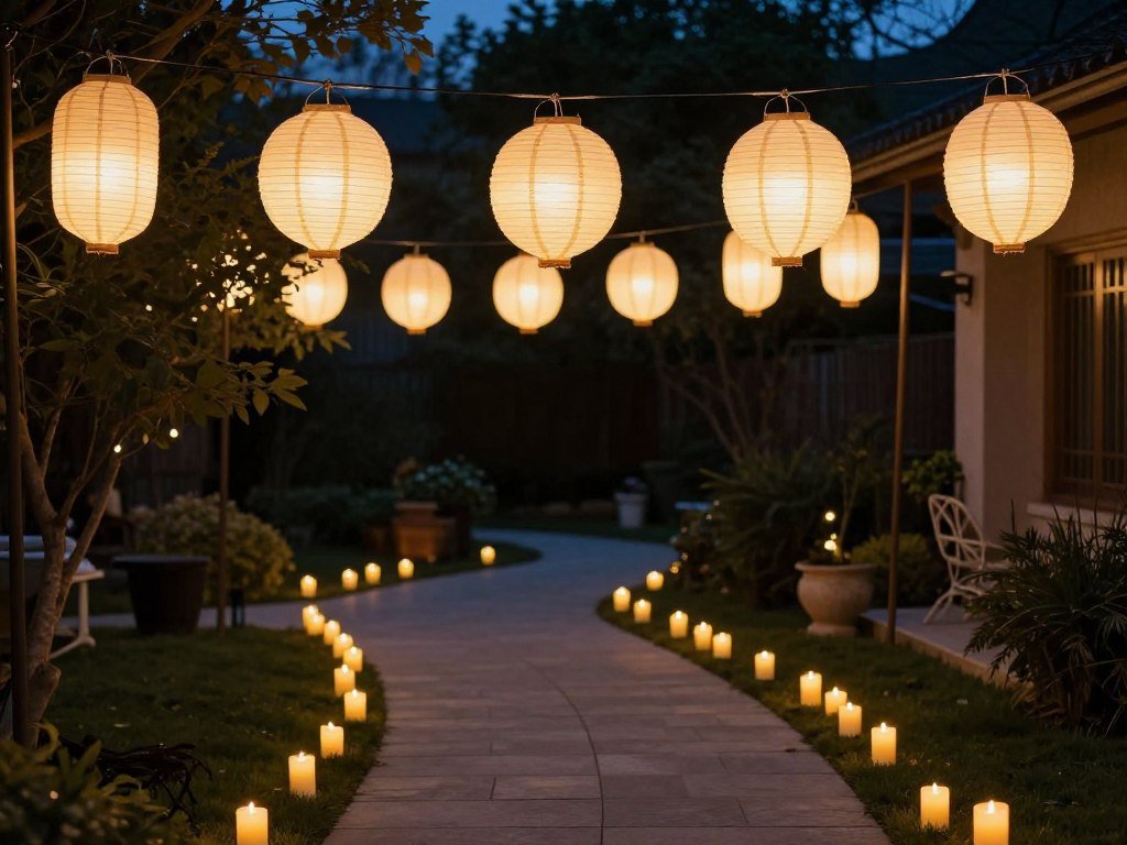 Pathway lined with lanterns and candles at evening backyard wedding