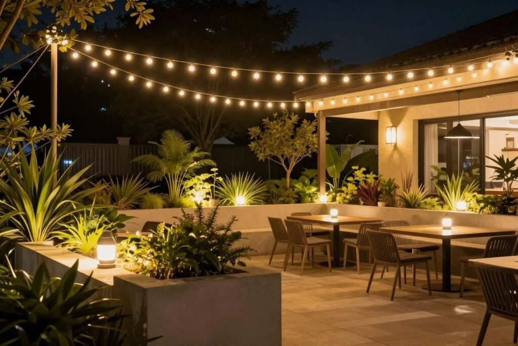 Patio area with string lights and landscape lighting creating warm atmosphere