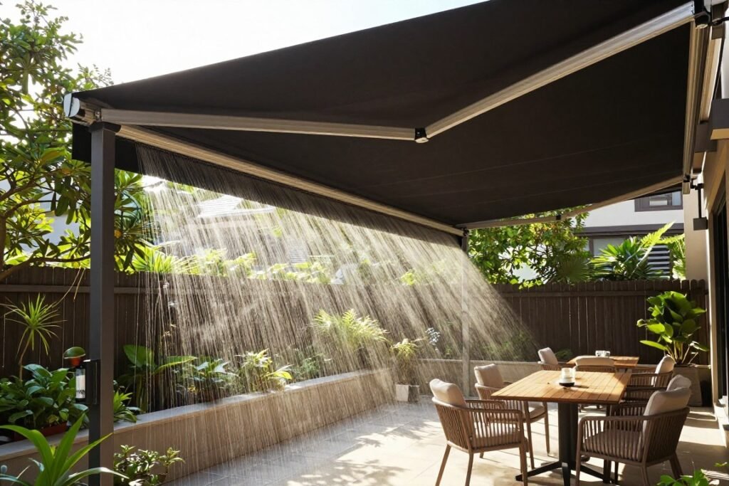 Patio with retractable awning and misting system