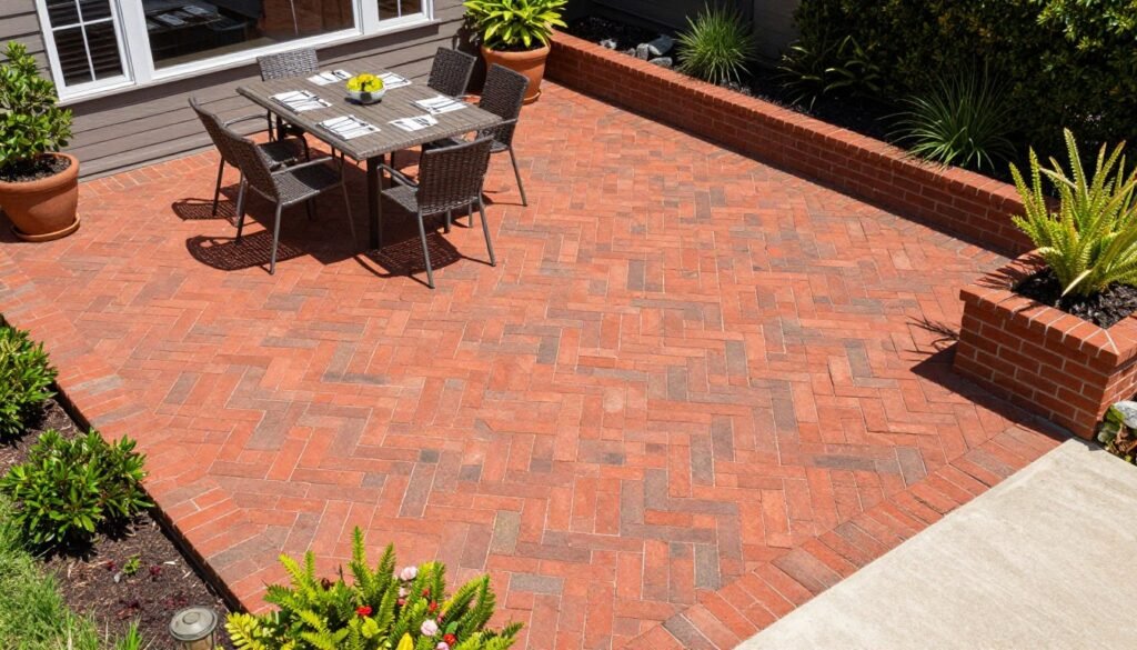 Paver patio in herringbone pattern with outdoor furniture