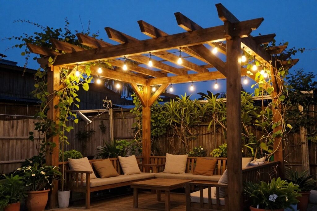 Pergola structure with string lights creating evening ambiance