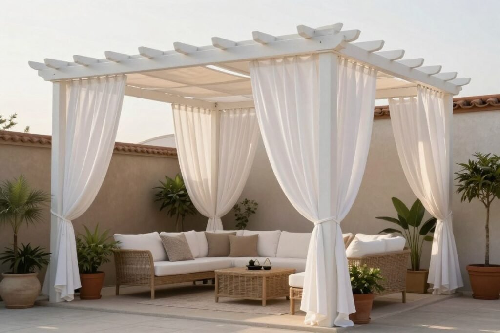 Pergola with outdoor curtains and shade cloth