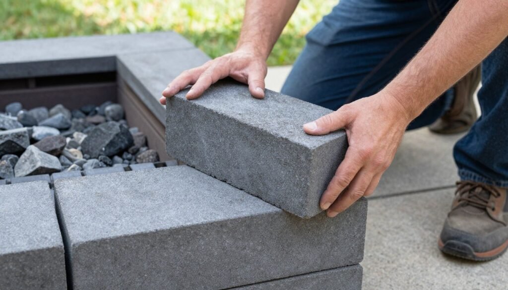 Person inspecting fire pit structure for maintenance
