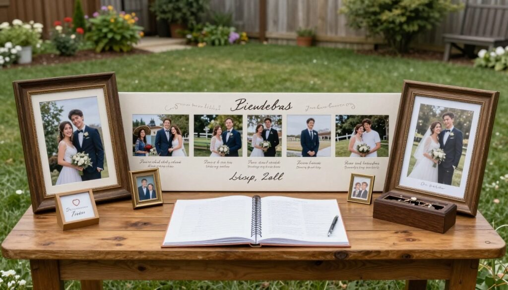 Personalized wedding decoration display with couple photos and meaningful details
