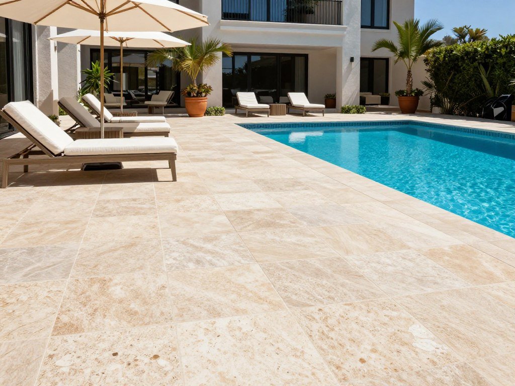 Pool deck with natural stone pavers and lounge area