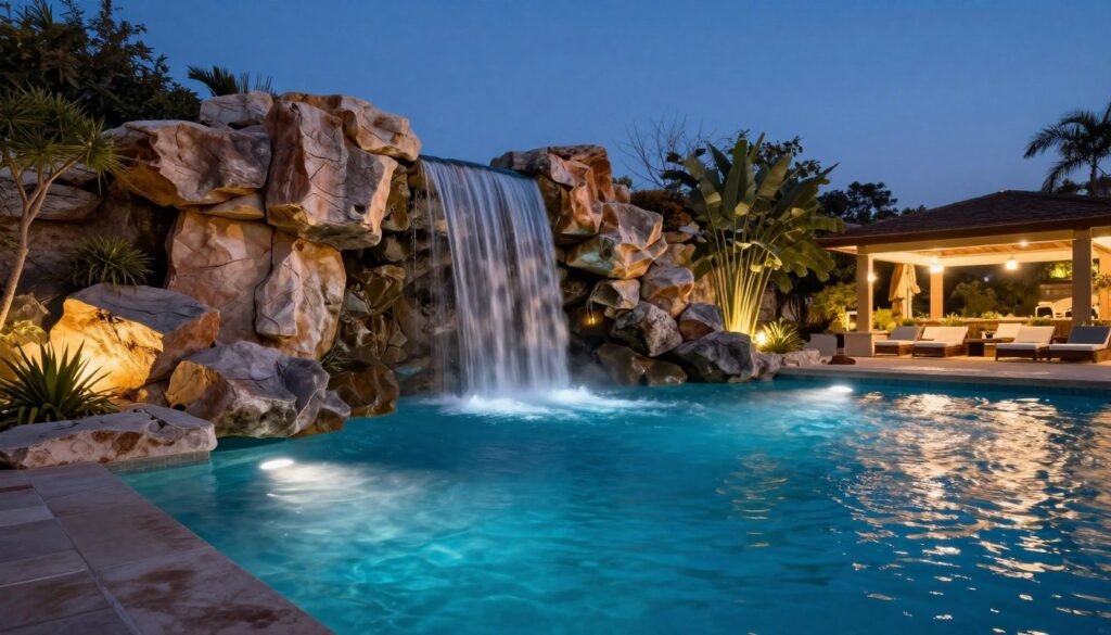 Pool with waterfall feature and evening lighting
