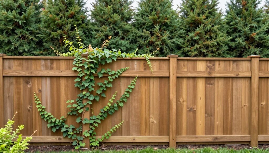 Privacy fence with climbing plants and layered shrub plantings