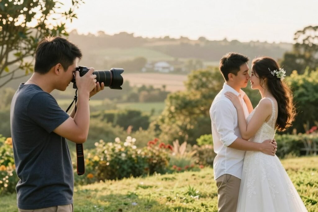 Professional wedding photographer capturing couple photos in beautiful backyard setting