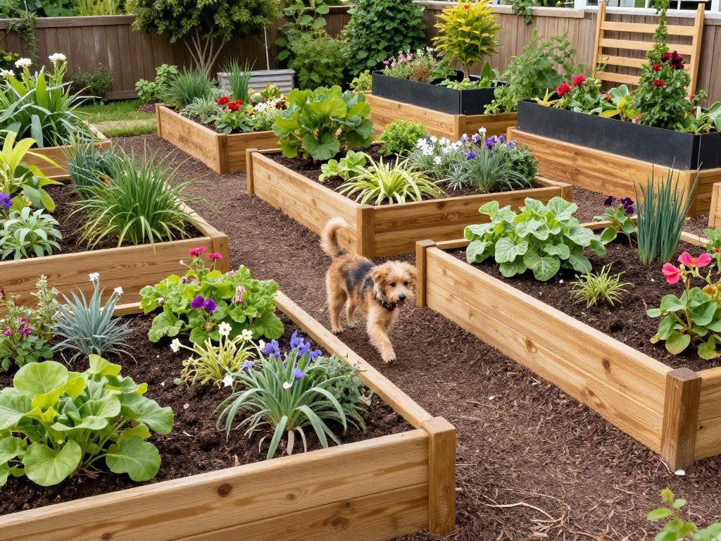 Raised garden beds protecting plants from pets