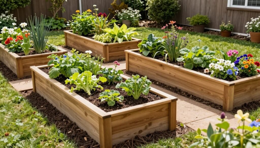 Raised garden beds with vegetables and flowers in backyard