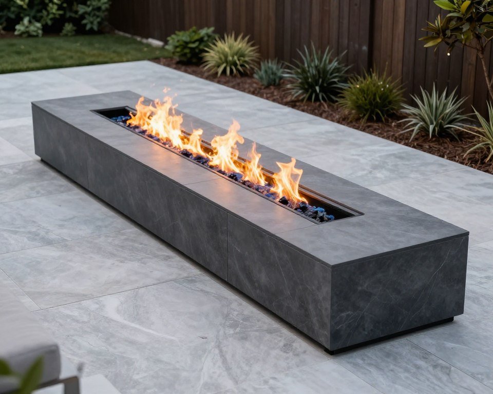 Rectangular fire pit integrated into patio design