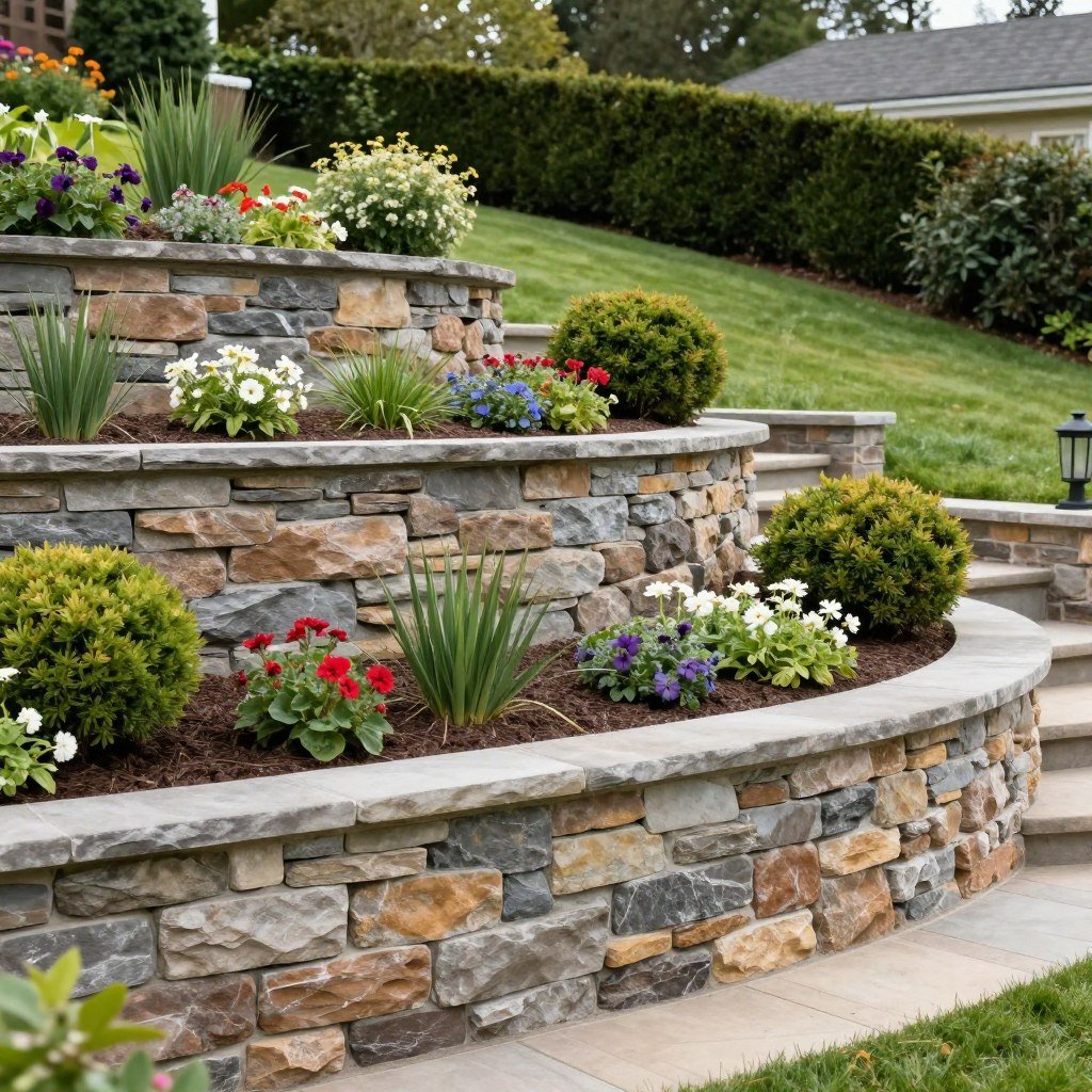 Retaining wall with terraced garden beds on slope
