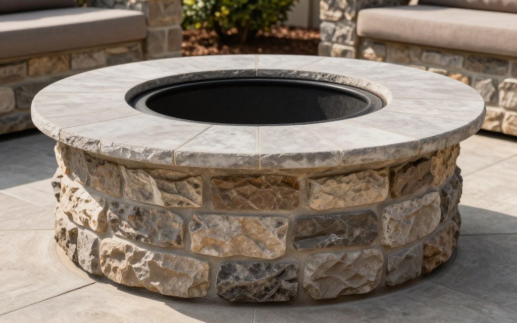 Round fire pit with decorative cap stones on top row