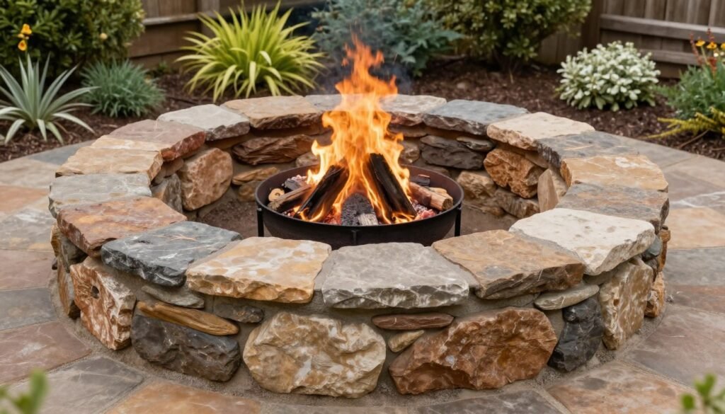 Rustic fire pit made with natural irregular stones