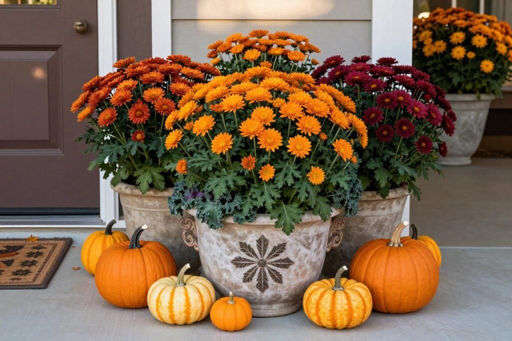 Seasonal container garden with fall mums and pumpkins