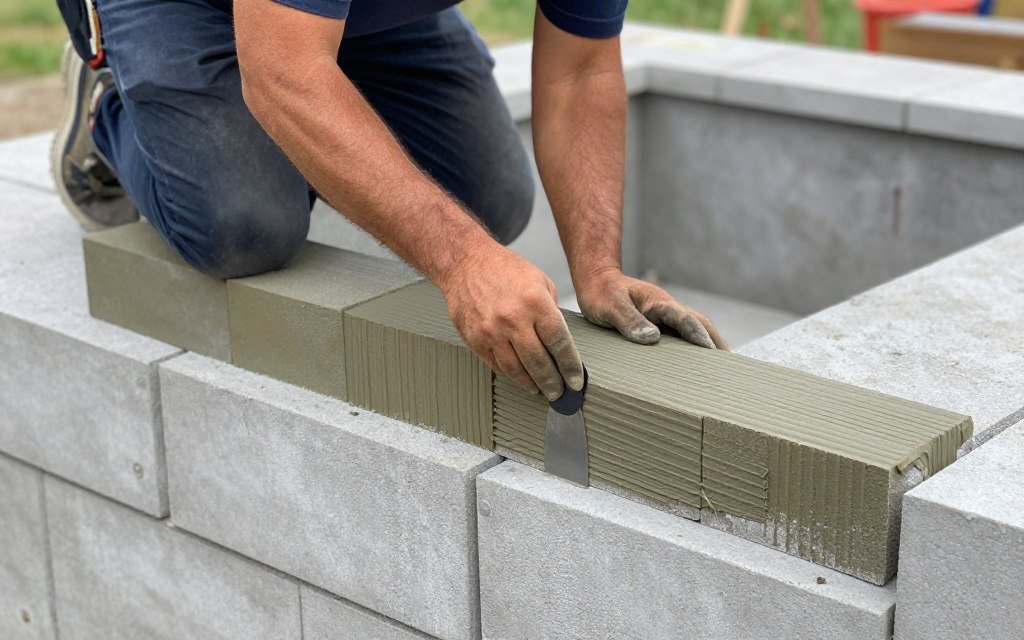 Second row of blocks being placed with construction adhesive