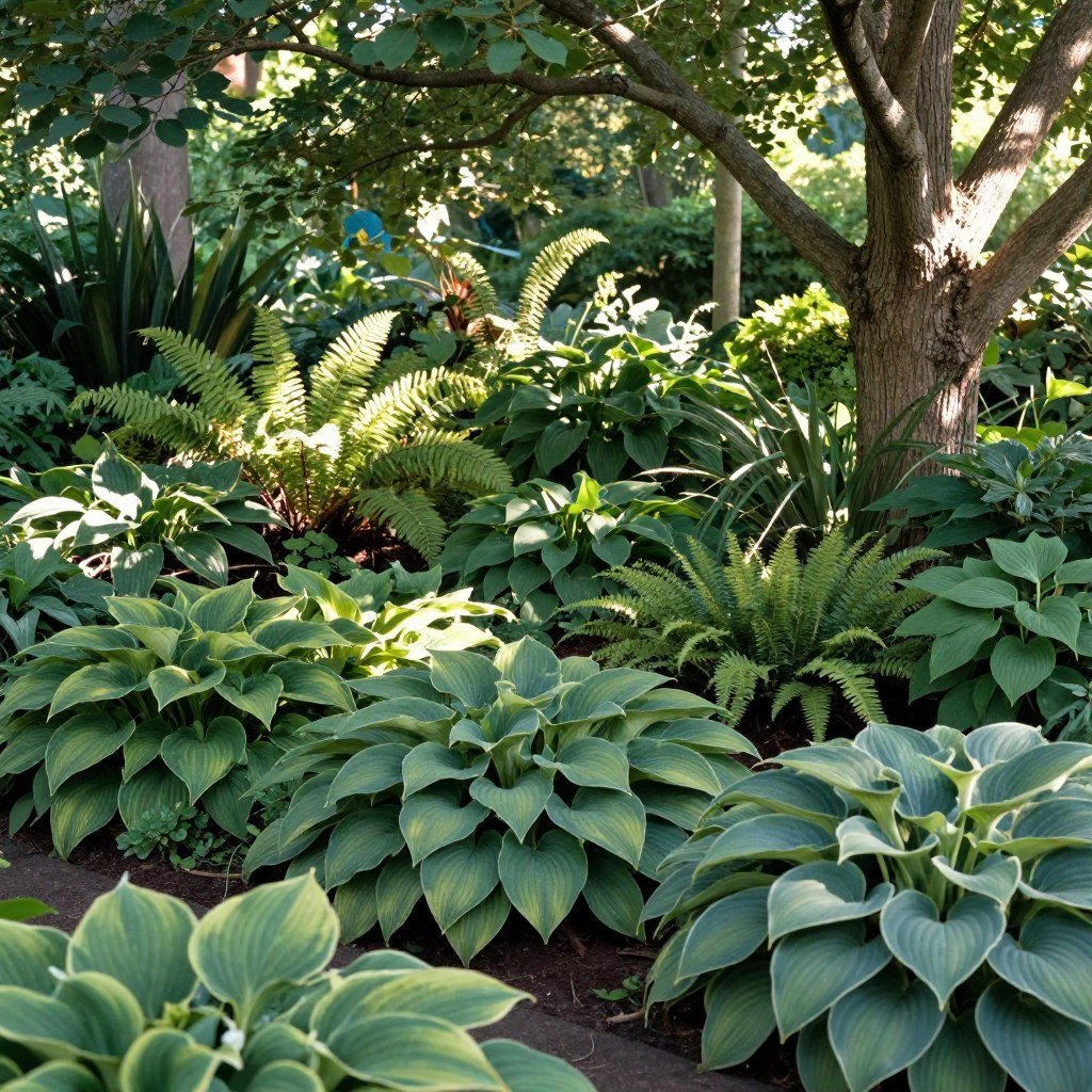 Shade garden with hostas and ferns under trees