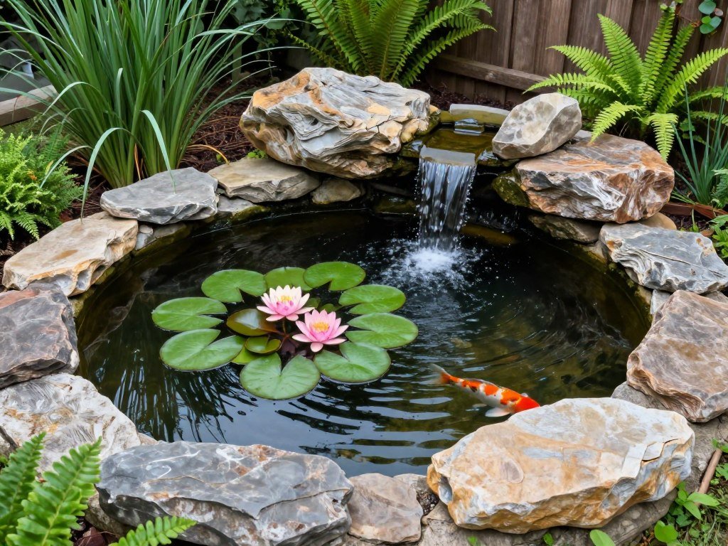 Small backyard pond with water lilies and rocks