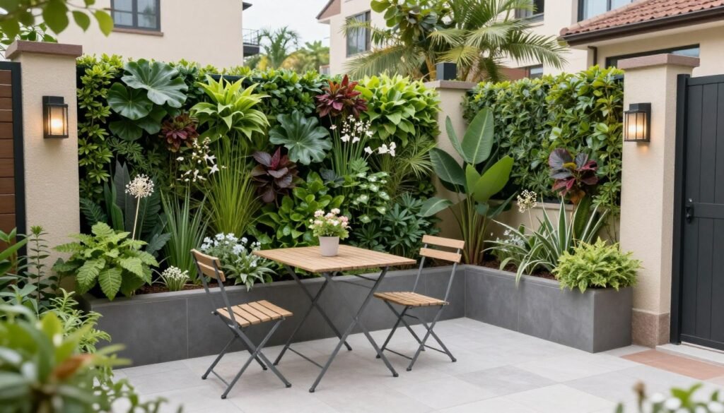 Small backyard with vertical garden and multi-functional furniture