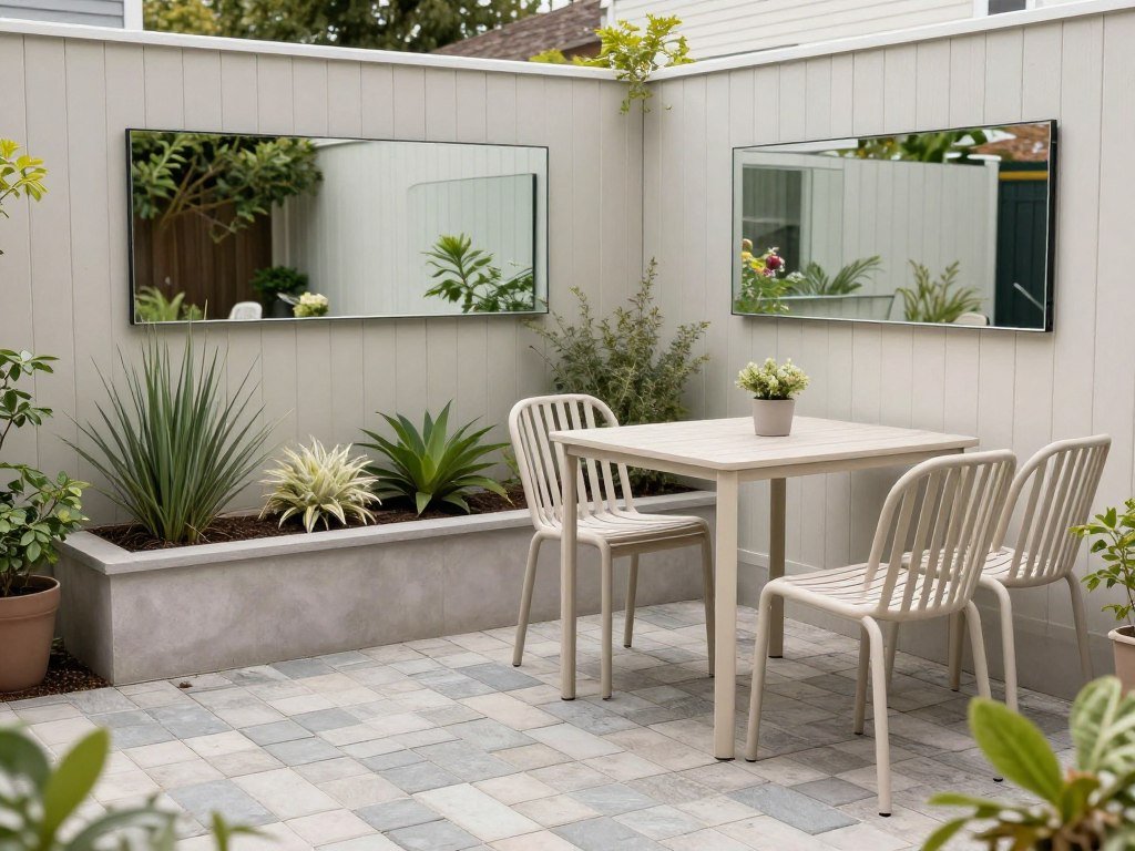 Small patio with diagonal layout and mirror on fence