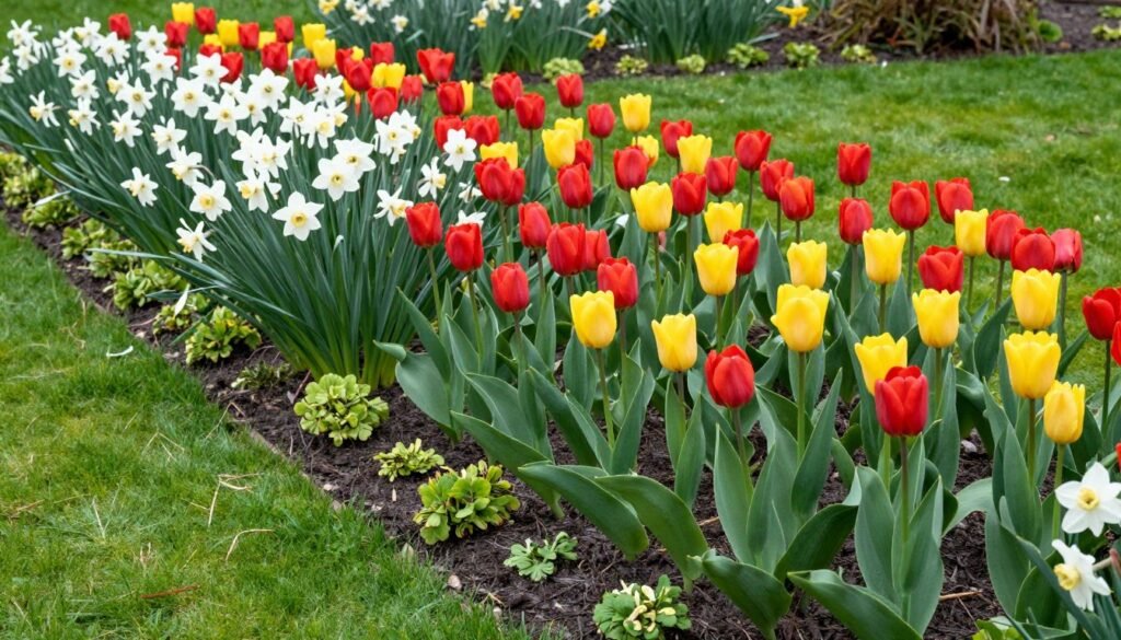 Spring garden bed with blooming tulips and daffodils