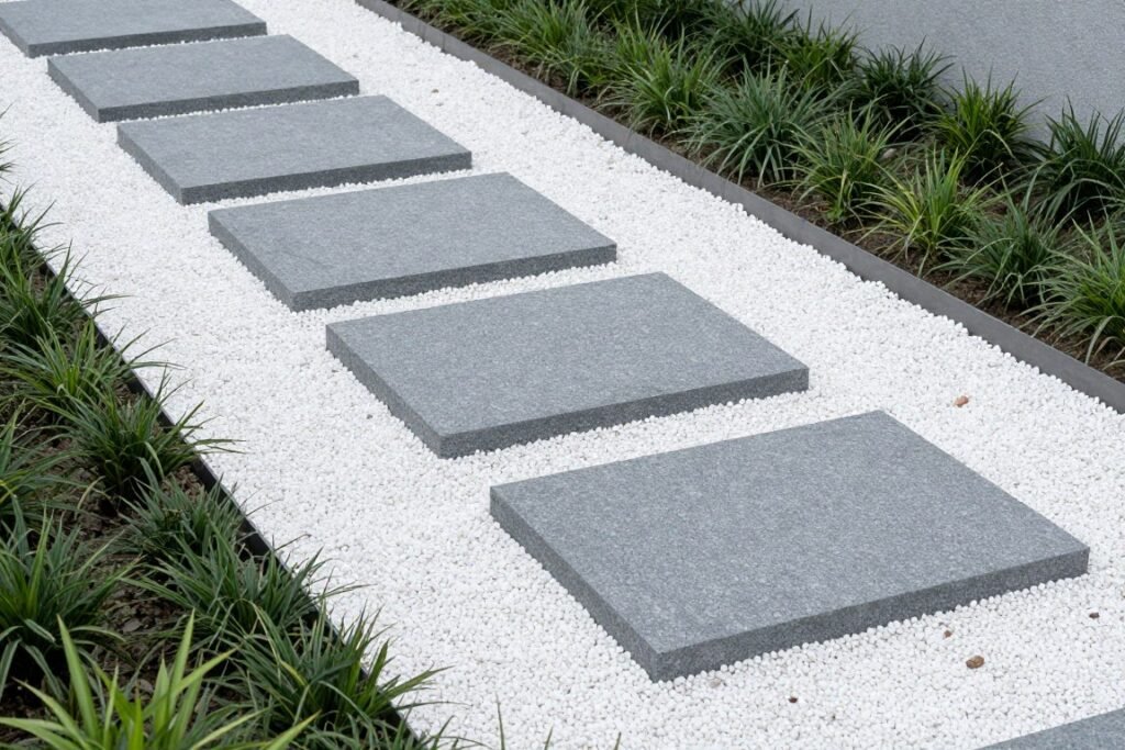 Stepping stones in gravel with planted borders