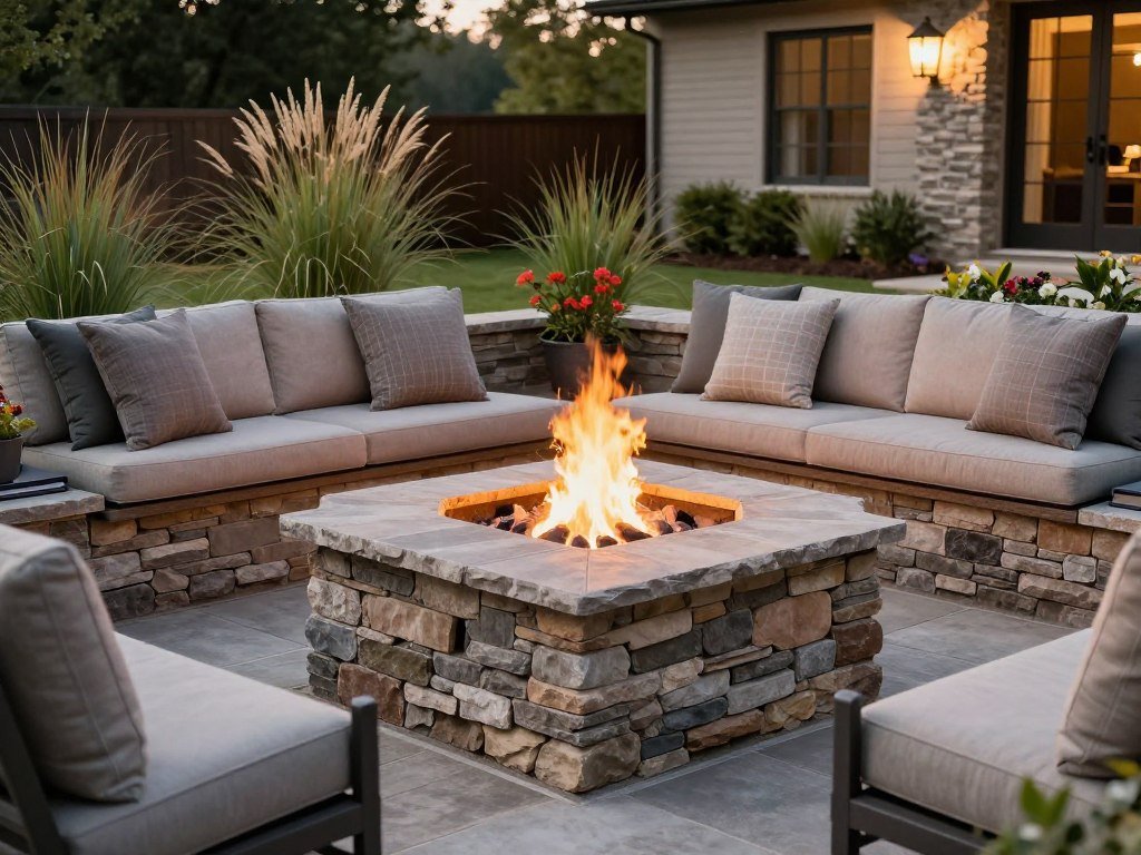 Stone fire pit surrounded by comfortable seating in backyard landscape