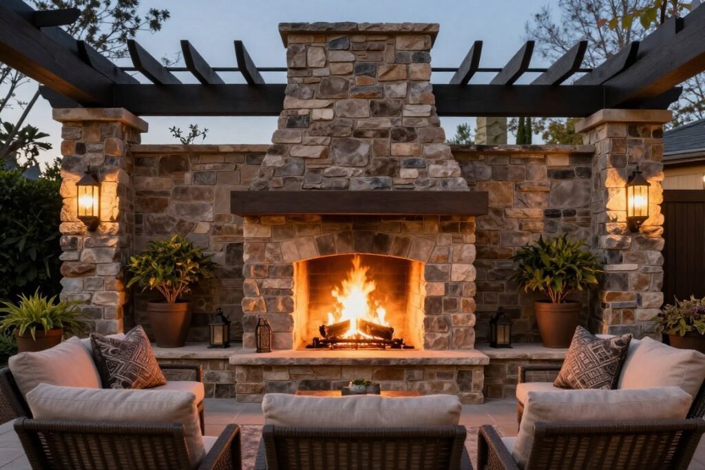 Stone outdoor fireplace with seating area