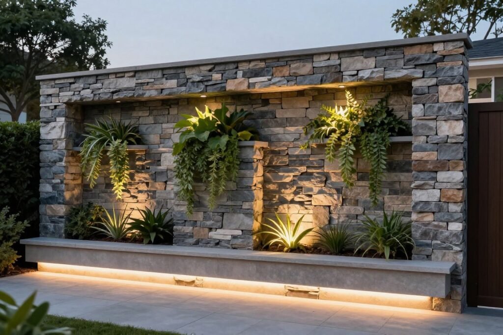 Stone privacy wall with integrated planters