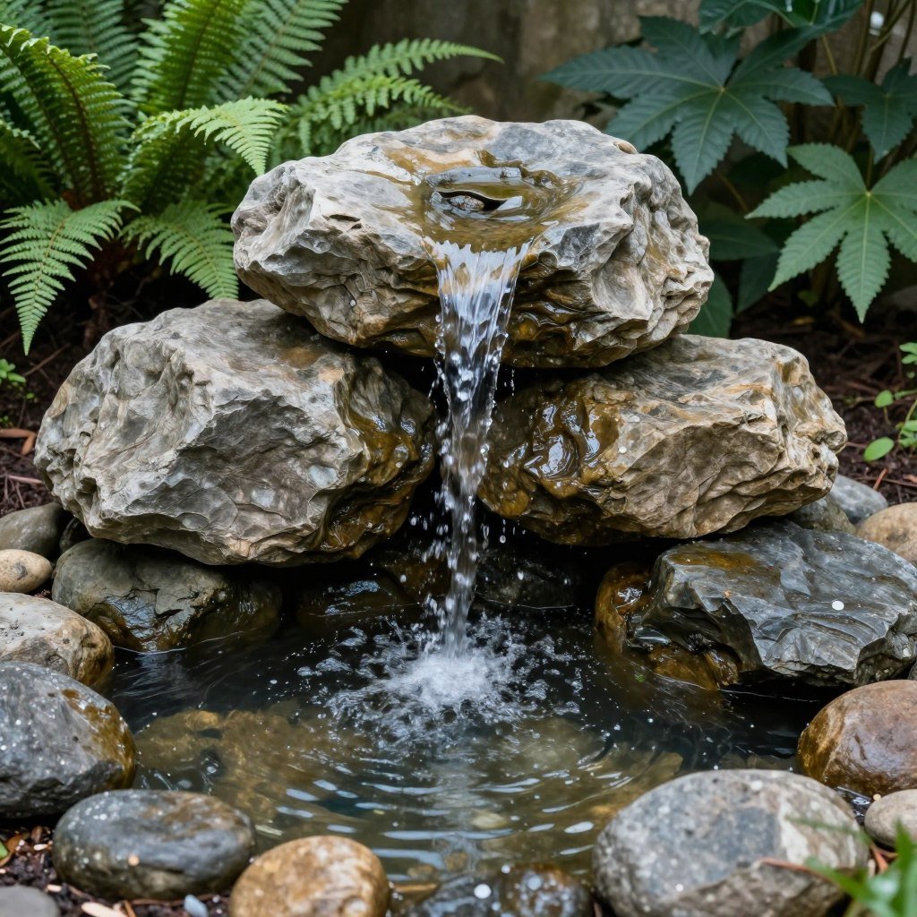 Stone water fountain feature in garden setting