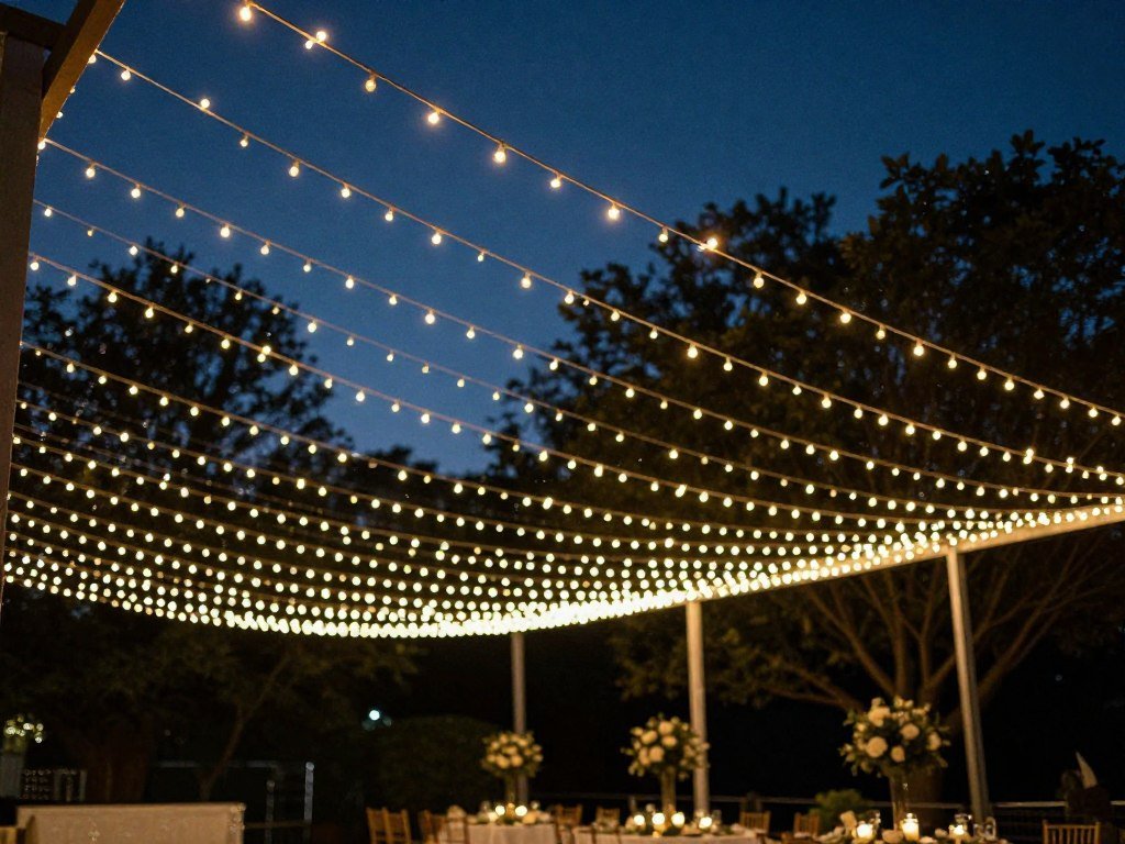 String lights canopy overhead at backyard wedding reception creating romantic atmosphere