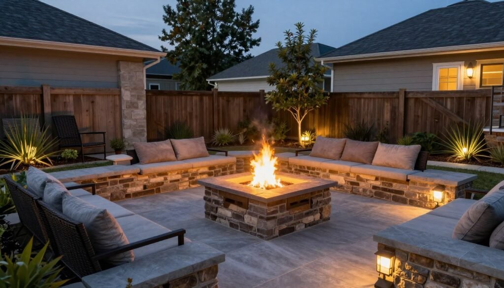 Stunning finished fire pit area at dusk with perfect lighting