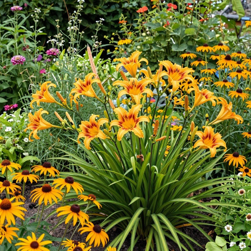 Summer garden with blooming perennials in full sun