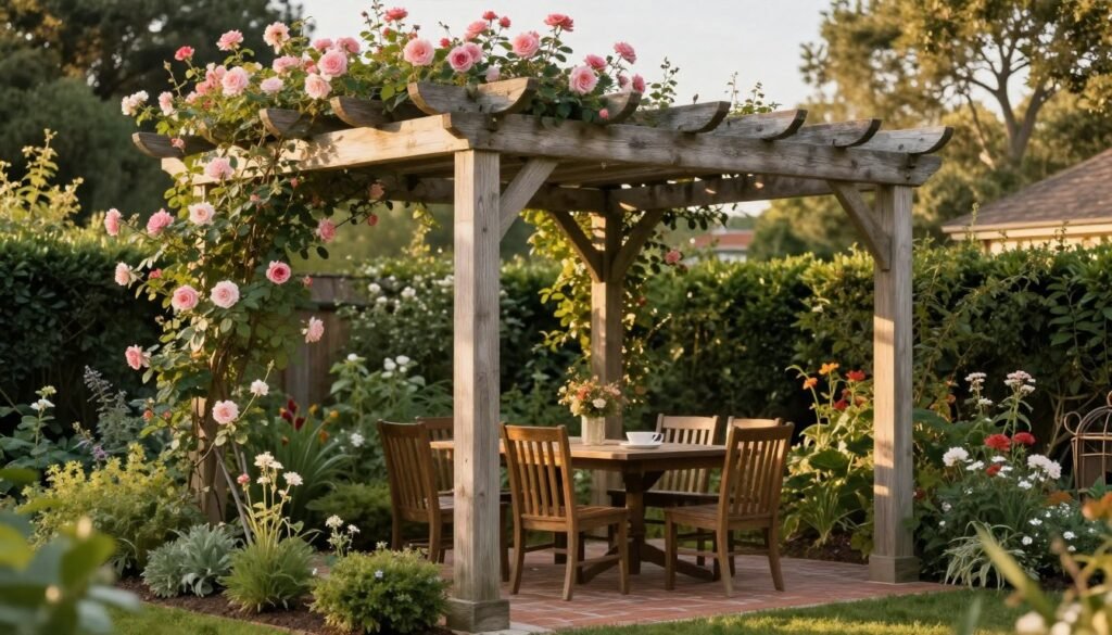 Traditional wooden pergola with climbing vines