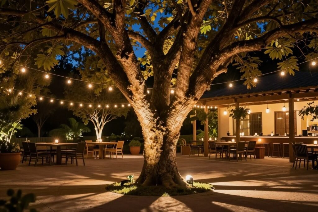 Tree with uplighting and string lights overhead